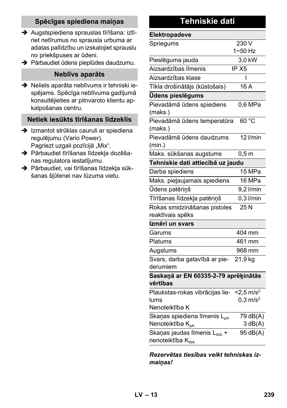 Tehniskie dati | Karcher K 7 Premium eco!ogic Home User Manual | Page 239 / 264