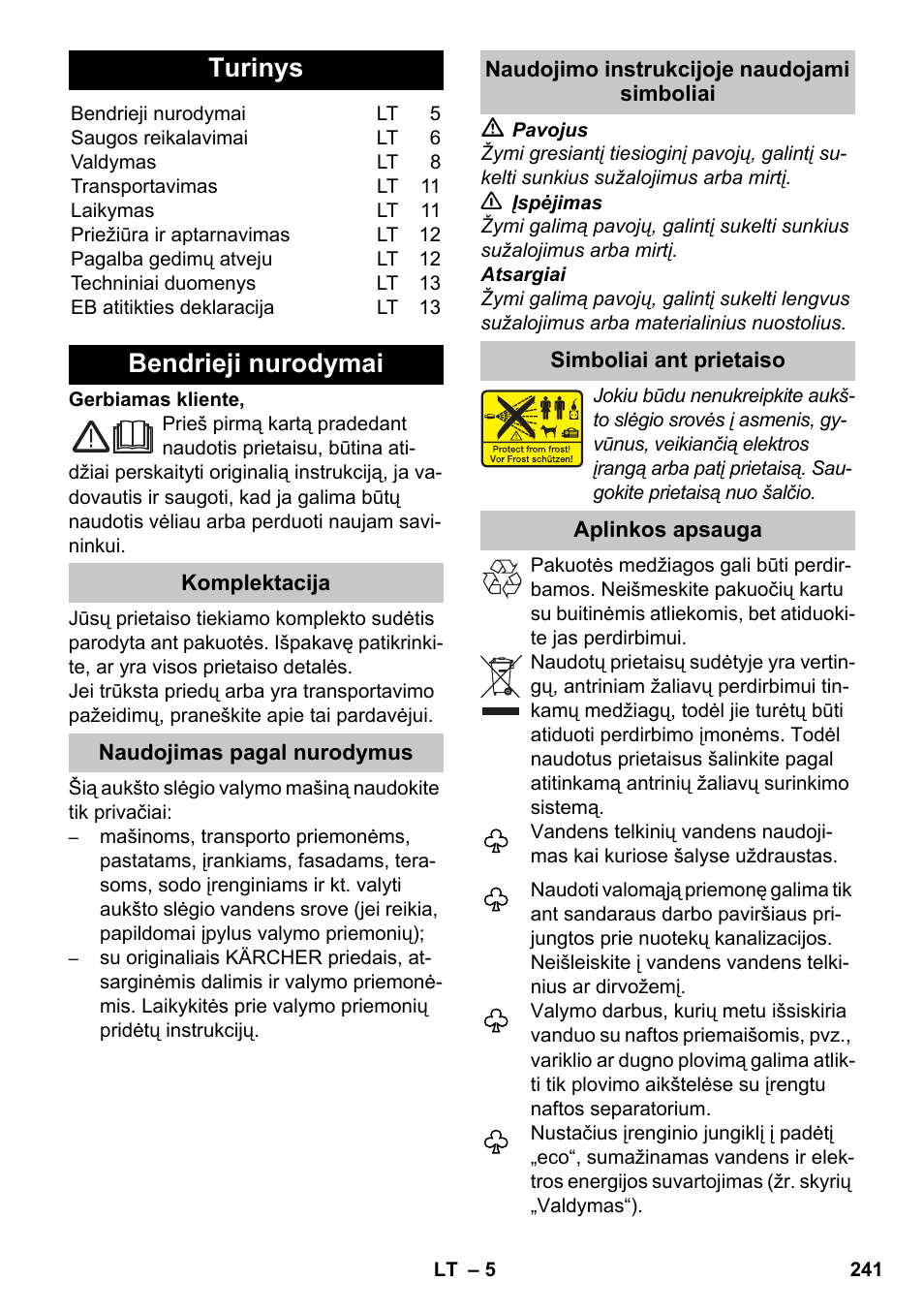 Lietuviškai, Turinys, Bendrieji nurodymai | Karcher K 7 Premium eco!ogic Home User Manual | Page 241 / 264