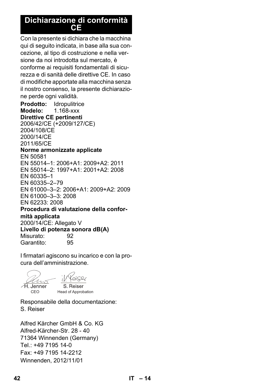 Dichiarazione di conformità ce | Karcher K 7 Premium eco!ogic Home User Manual | Page 42 / 264