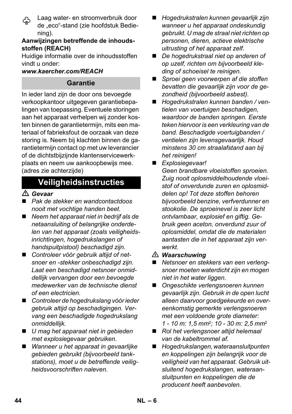 Veiligheidsinstructies | Karcher K 7 Premium eco!ogic Home User Manual | Page 44 / 264