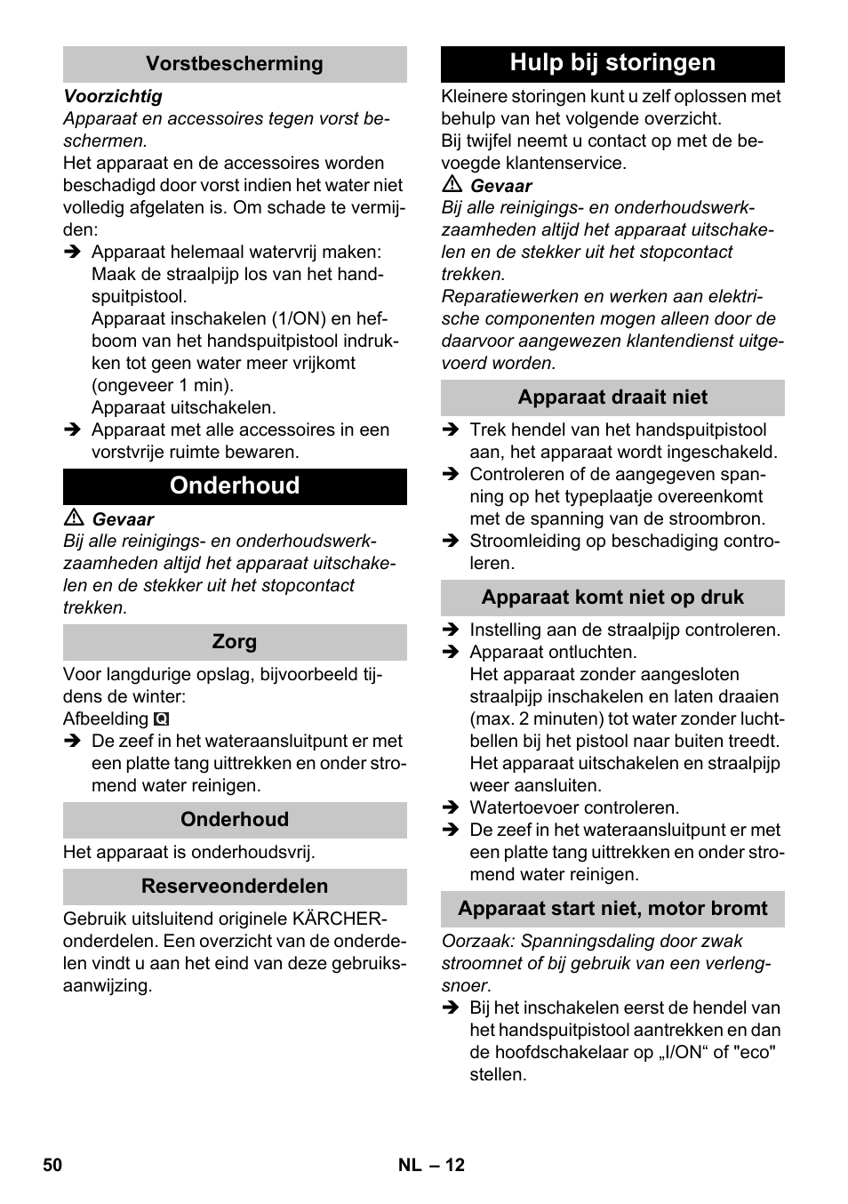 Onderhoud, Hulp bij storingen | Karcher K 7 Premium eco!ogic Home User Manual | Page 50 / 264