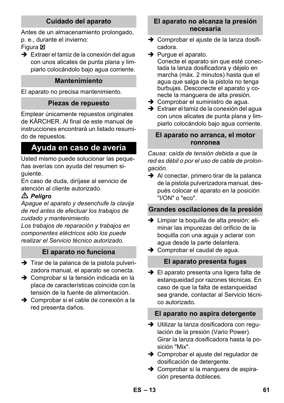 Ayuda en caso de avería | Karcher K 7 Premium eco!ogic Home User Manual | Page 61 / 264