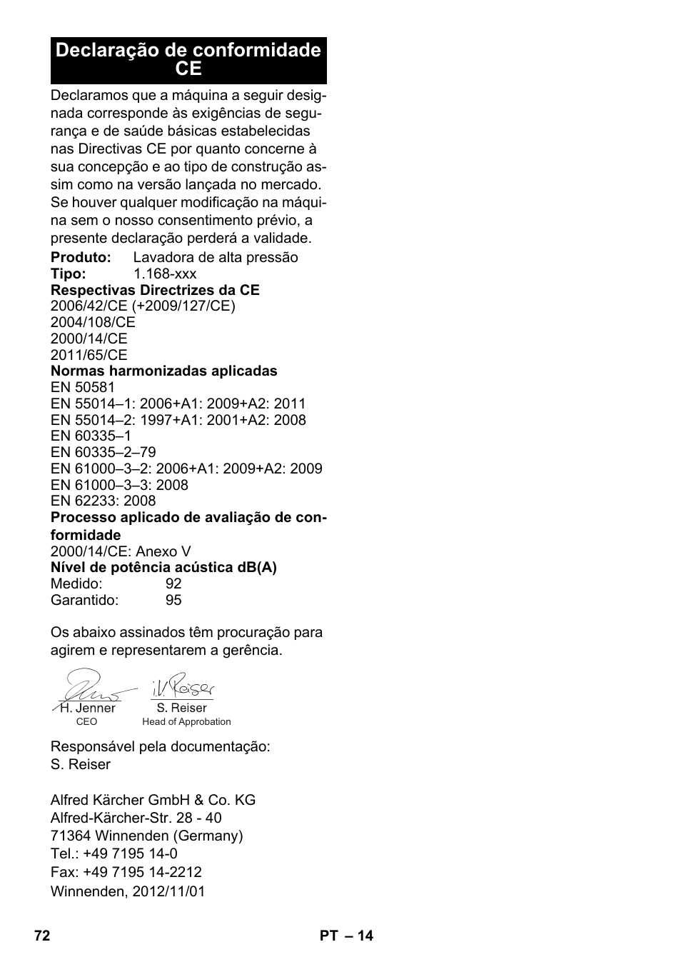 Declaração de conformidade ce | Karcher K 7 Premium eco!ogic Home User Manual | Page 72 / 264