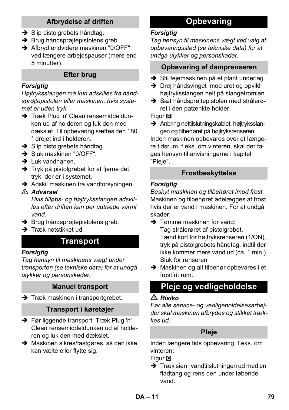 Transport, Opbevaring, Pleje og vedligeholdelse | Karcher K 7 Premium eco!ogic Home User Manual | Page 79 / 264