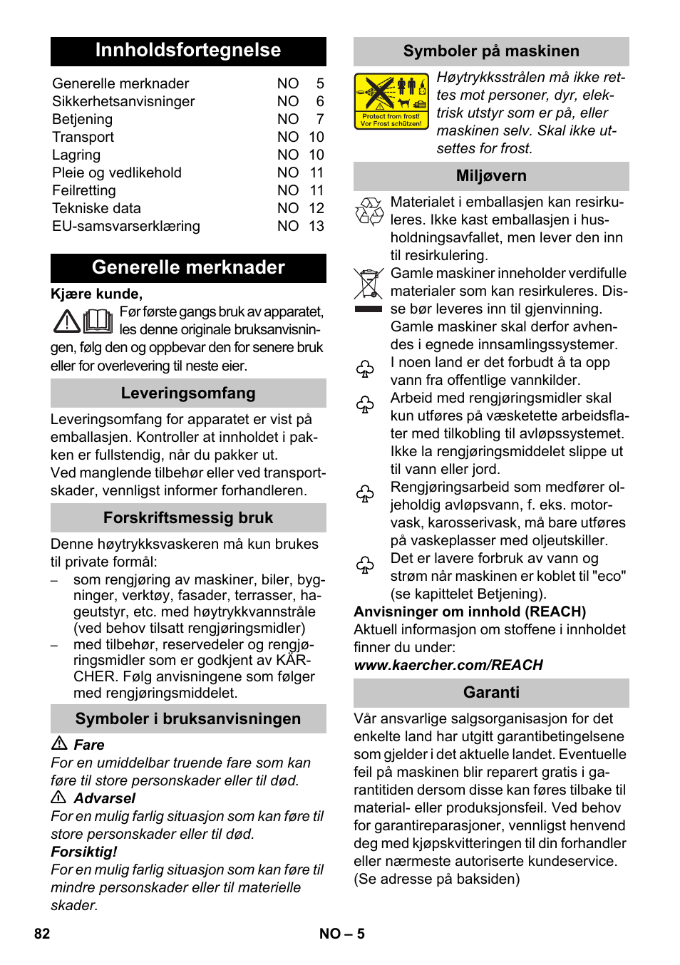 Norsk, ᅂ ᅂ ᅂ ᅂ, Innholdsfortegnelse | Generelle merknader | Karcher K 7 Premium eco!ogic Home User Manual | Page 82 / 264