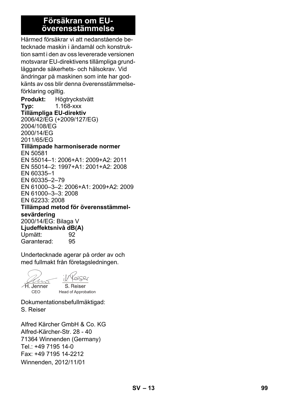 Försäkran om eu- överensstämmelse | Karcher K 7 Premium eco!ogic Home User Manual | Page 99 / 264