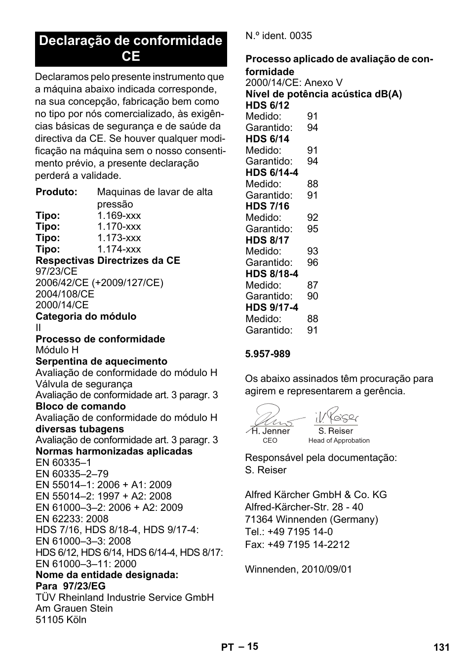 Declaração de conformidade ce | Karcher HDS 8-18-4 C User Manual | Page 131 / 496