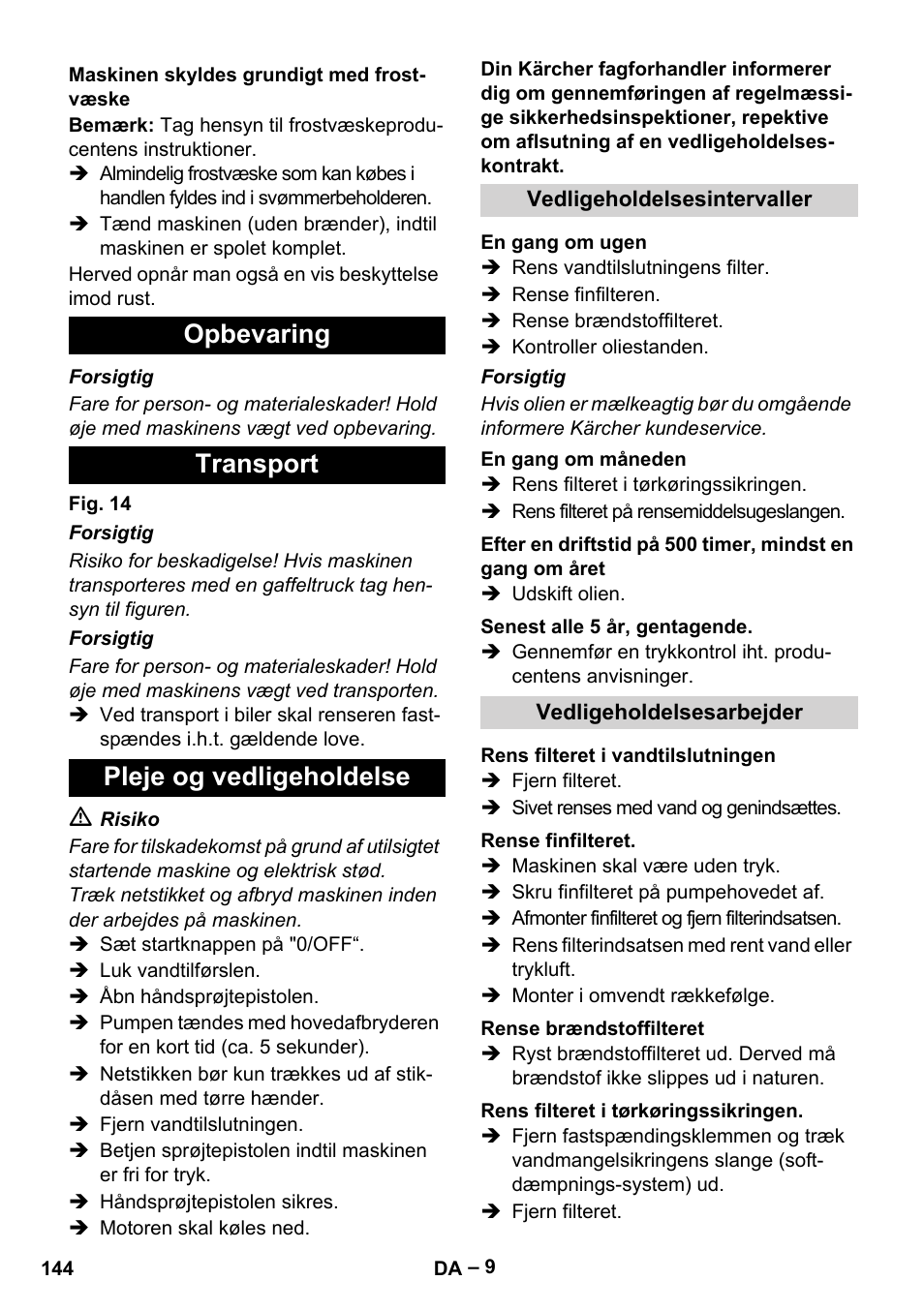 Opbevaring transport pleje og vedligeholdelse | Karcher HDS 8-18-4 C User Manual | Page 144 / 496