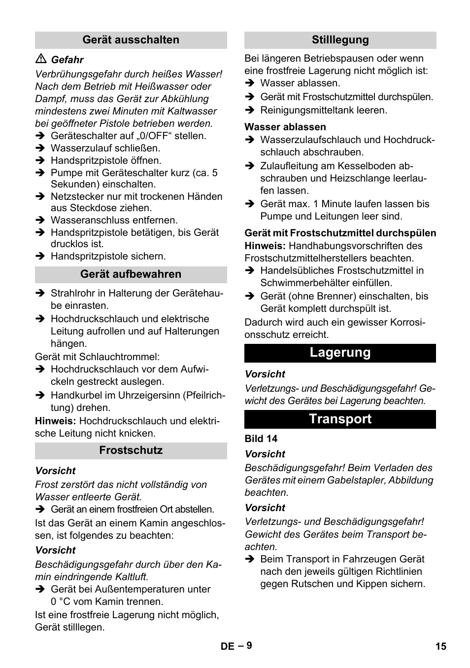 Lagerung transport | Karcher HDS 8-18-4 C User Manual | Page 15 / 496