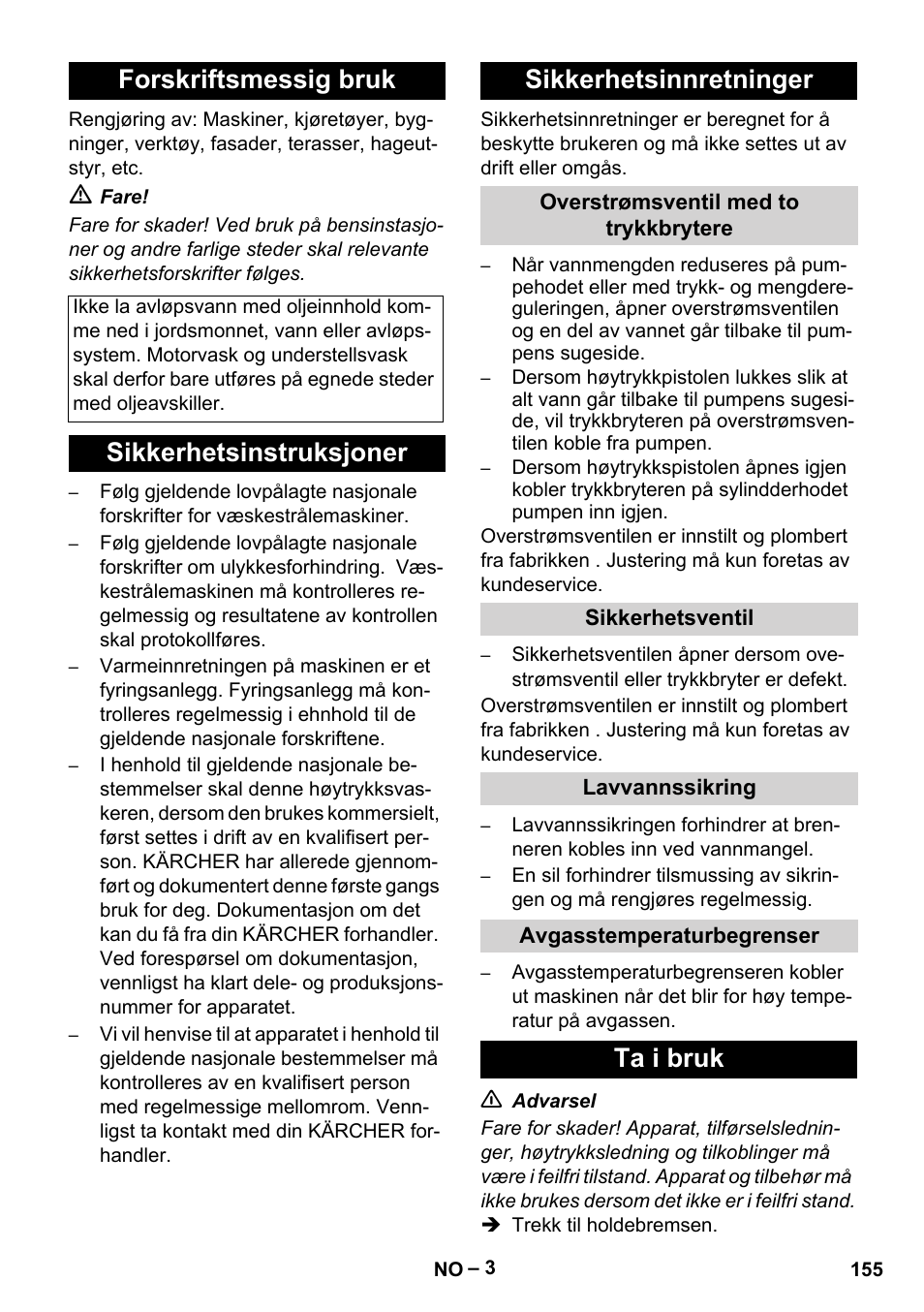 Forskriftsmessig bruk, Sikkerhetsinstruksjoner sikkerhetsinnretninger, Ta i bruk | Karcher HDS 8-18-4 C User Manual | Page 155 / 496