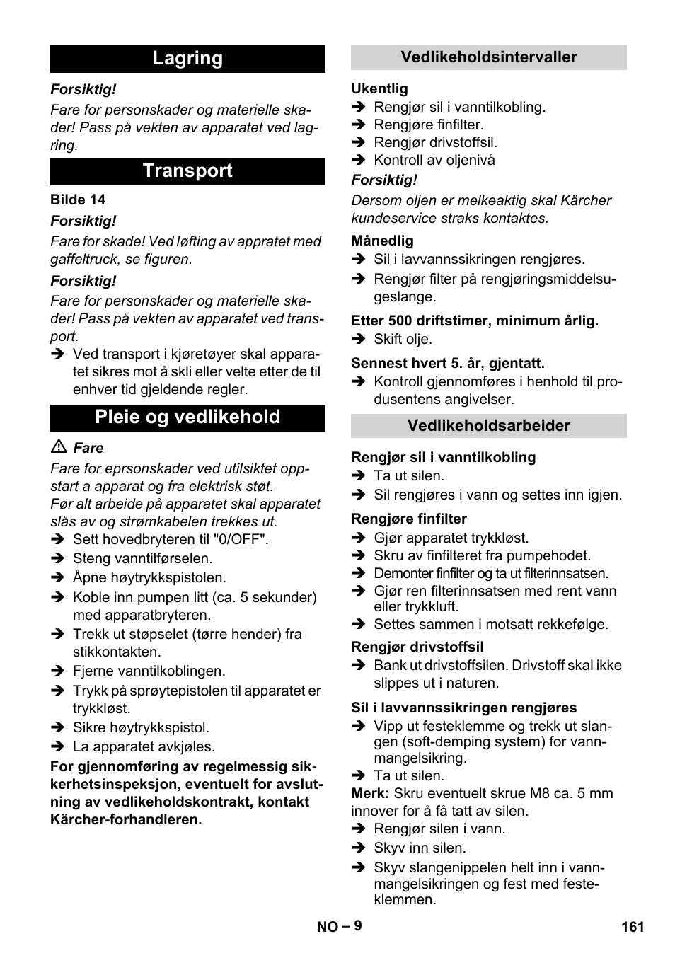 Lagring transport pleie og vedlikehold | Karcher HDS 8-18-4 C User Manual | Page 161 / 496