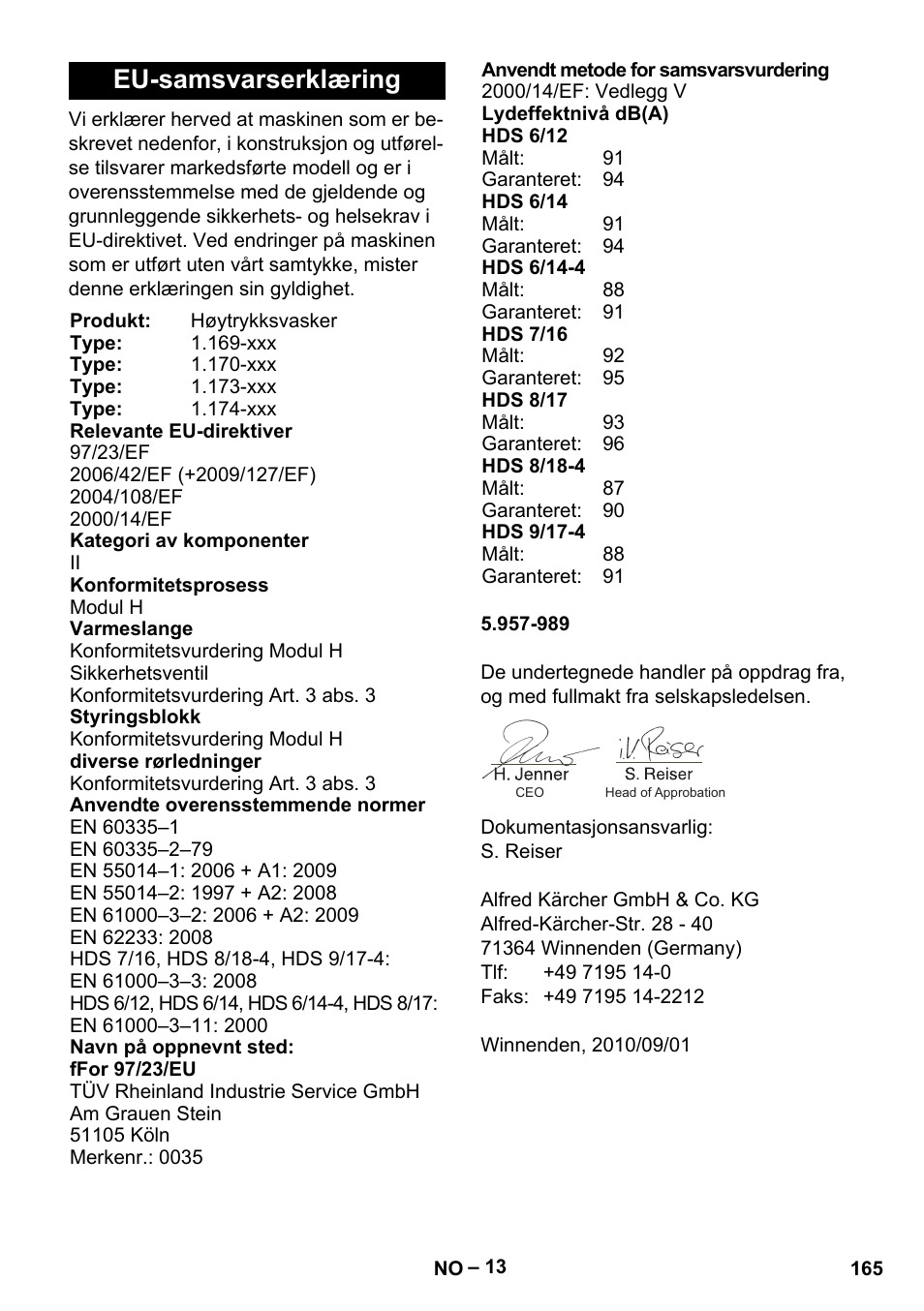 Eu-samsvarserklæring | Karcher HDS 8-18-4 C User Manual | Page 165 / 496
