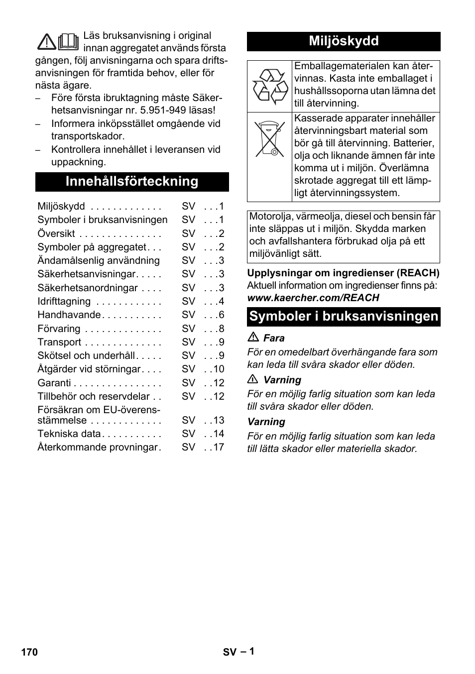 Svenska, Innehållsförteckning, Miljöskydd | Symboler i bruksanvisningen | Karcher HDS 8-18-4 C User Manual | Page 170 / 496