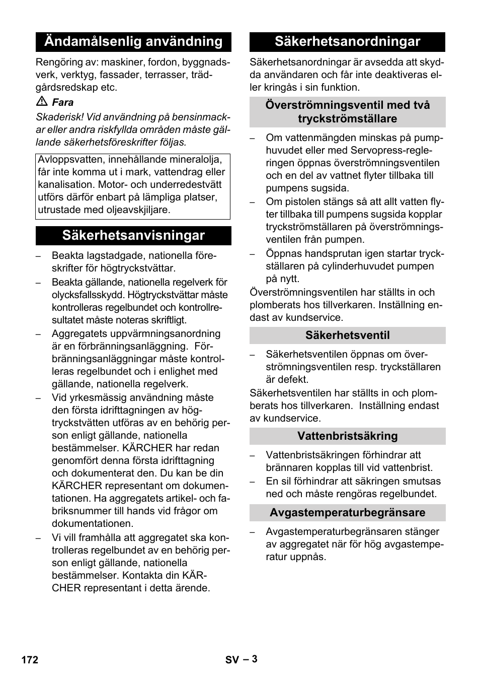 Ändamålsenlig användning, Säkerhetsanvisningar säkerhetsanordningar | Karcher HDS 8-18-4 C User Manual | Page 172 / 496