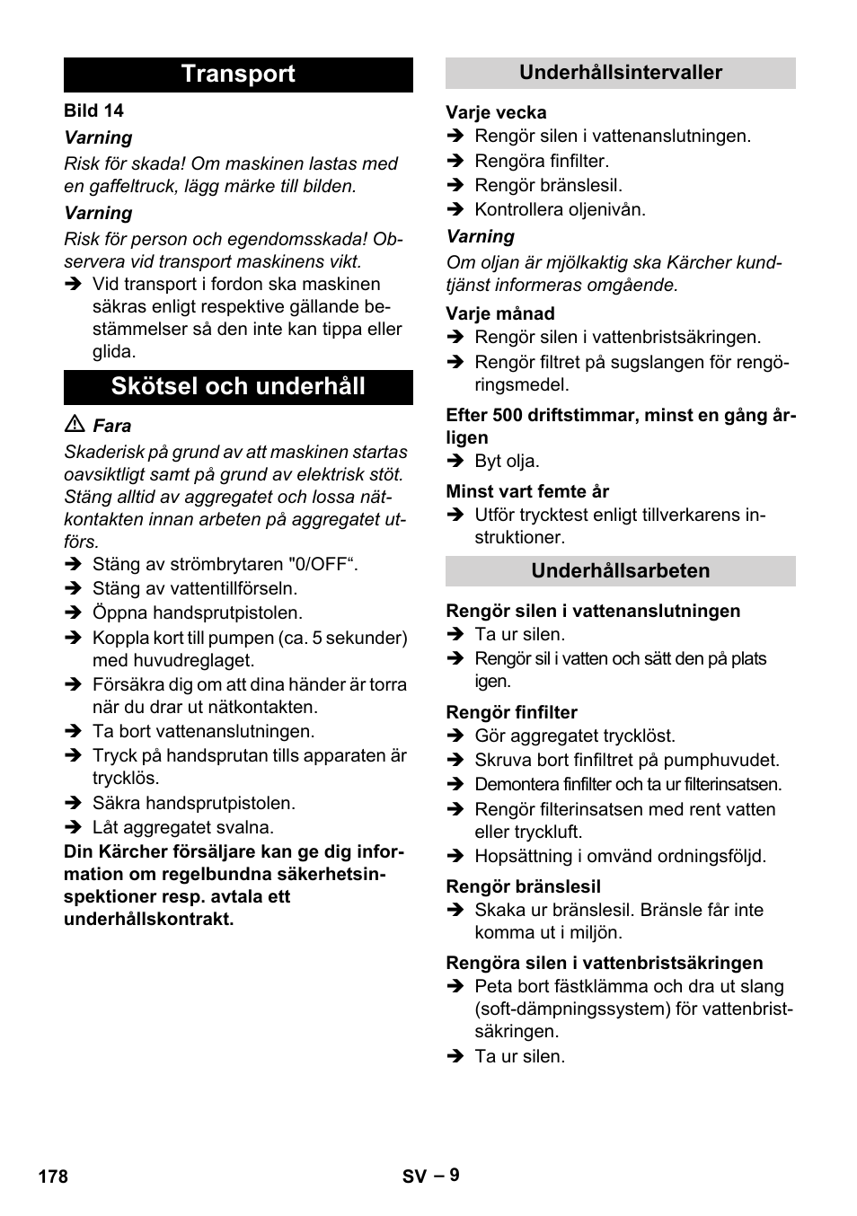 Transport skötsel och underhåll | Karcher HDS 8-18-4 C User Manual | Page 178 / 496