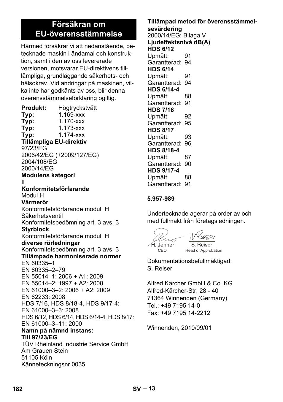 Försäkran om eu-överensstämmelse | Karcher HDS 8-18-4 C User Manual | Page 182 / 496