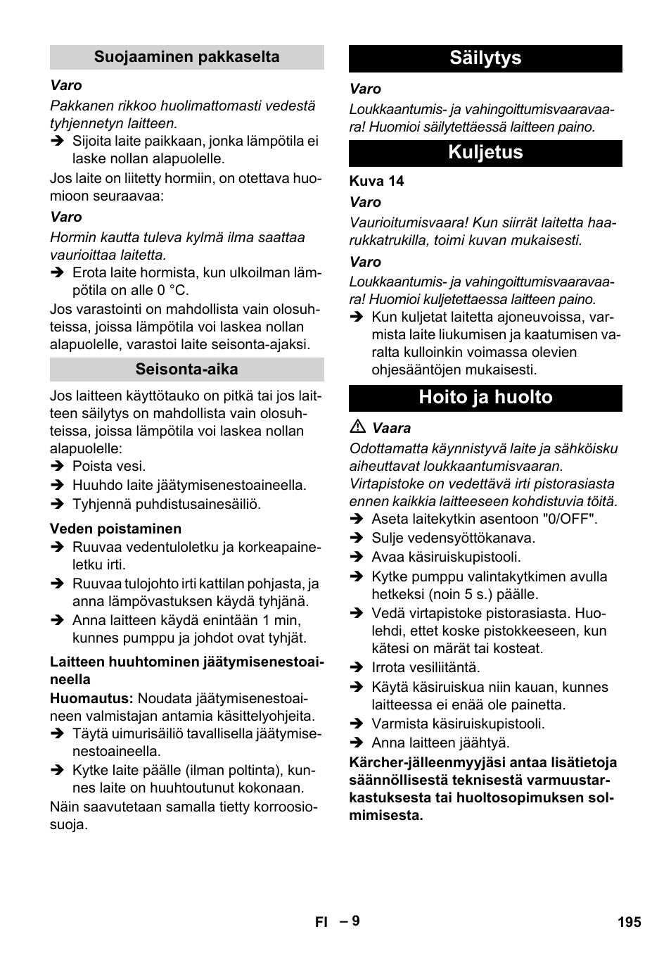 Säilytys kuljetus hoito ja huolto | Karcher HDS 8-18-4 C User Manual | Page 195 / 496