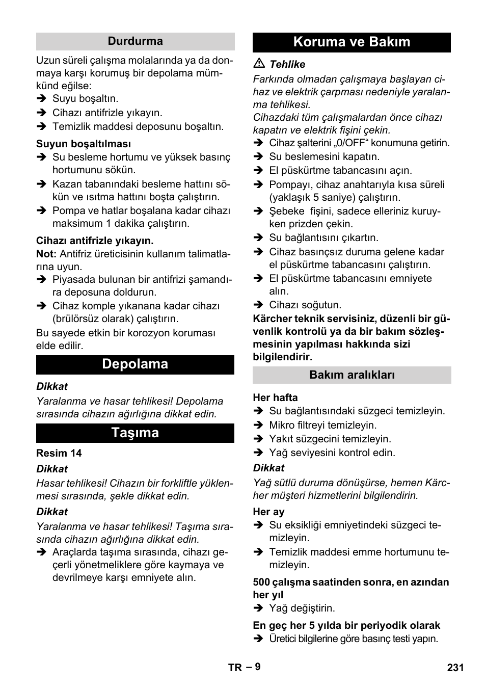 Depolama taşıma koruma ve bakım | Karcher HDS 8-18-4 C User Manual | Page 231 / 496