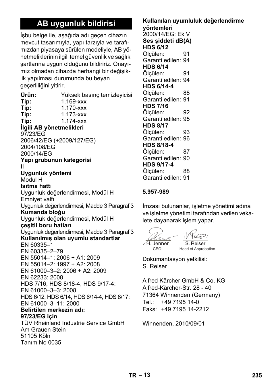 Ab uygunluk bildirisi | Karcher HDS 8-18-4 C User Manual | Page 235 / 496