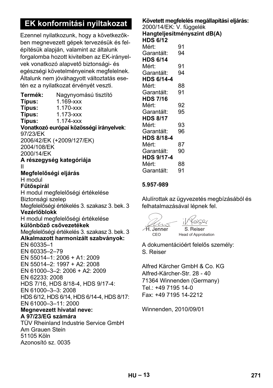 Ek konformitási nyiltakozat | Karcher HDS 8-18-4 C User Manual | Page 271 / 496