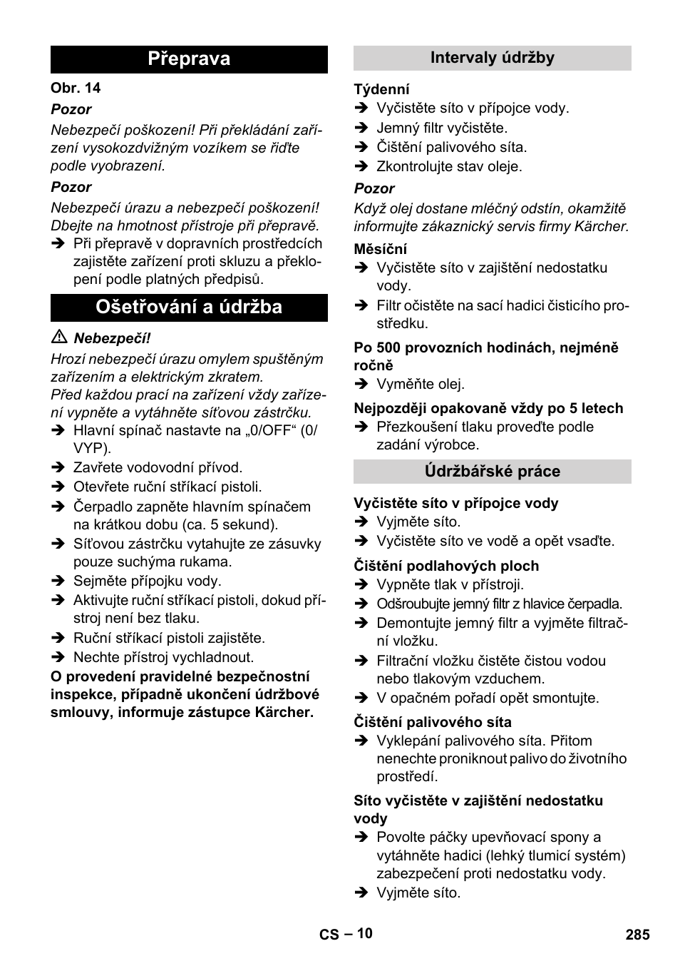 Přeprava ošetřování a údržba | Karcher HDS 8-18-4 C User Manual | Page 285 / 496