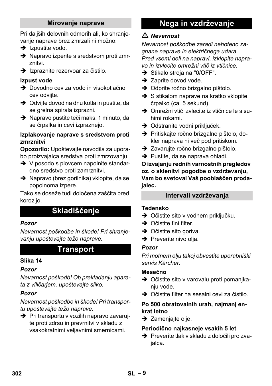 Skladiščenje transport nega in vzdrževanje | Karcher HDS 8-18-4 C User Manual | Page 302 / 496