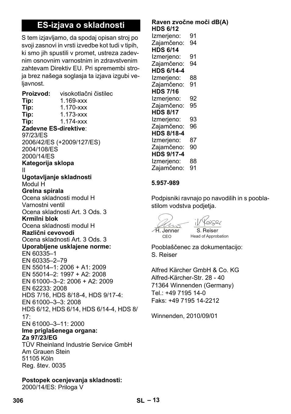 Es-izjava o skladnosti | Karcher HDS 8-18-4 C User Manual | Page 306 / 496
