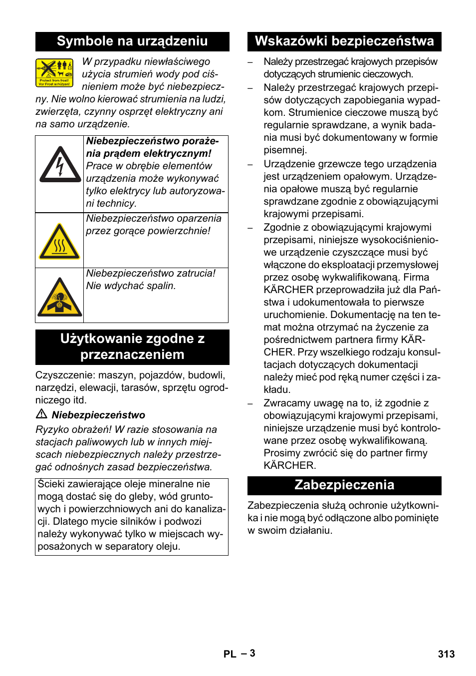 Symbole na urządzeniu, Użytkowanie zgodne z przeznaczeniem, Wskazówki bezpieczeństwa zabezpieczenia | Karcher HDS 8-18-4 C User Manual | Page 313 / 496