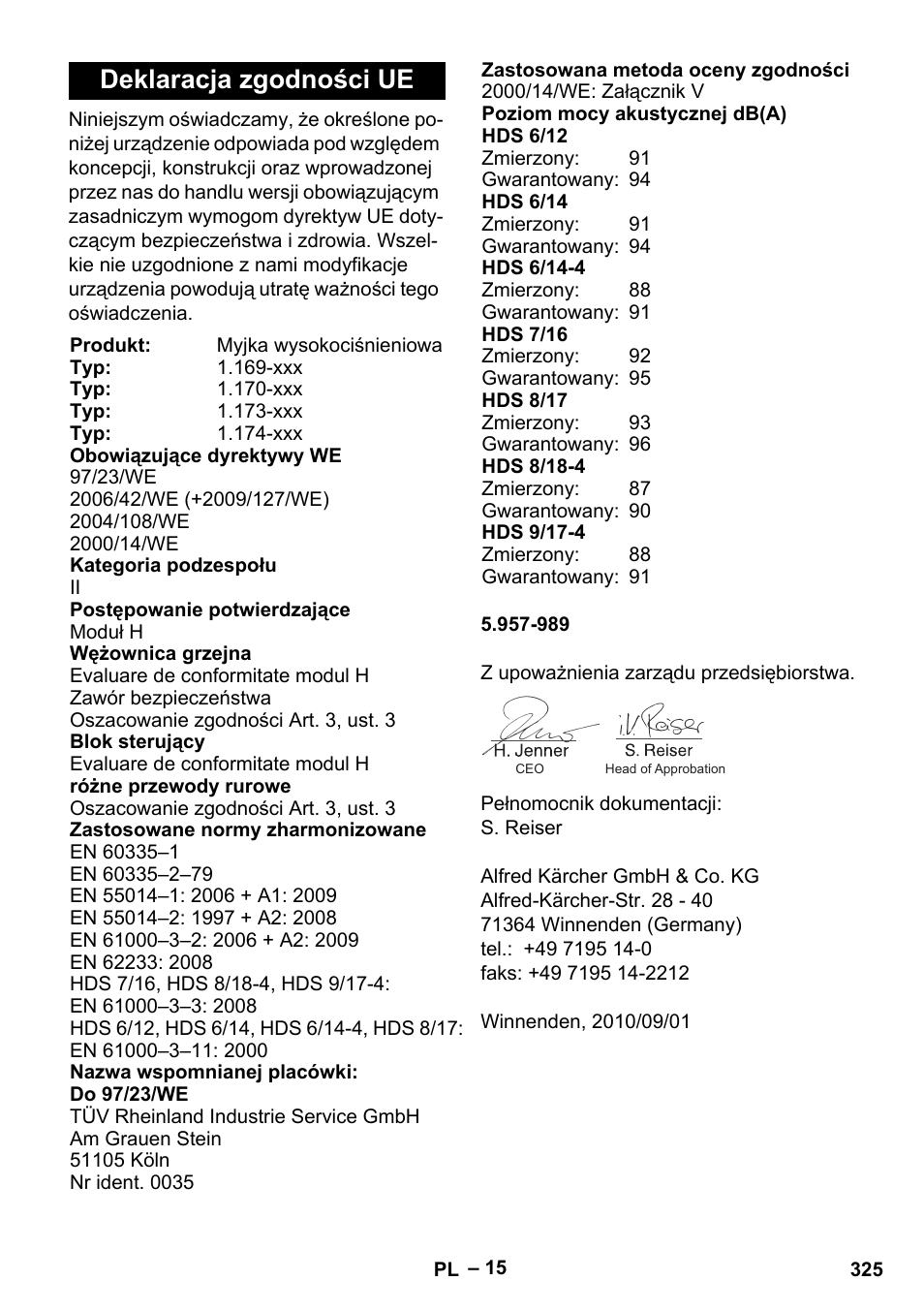 Deklaracja zgodności ue | Karcher HDS 8-18-4 C User Manual | Page 325 / 496