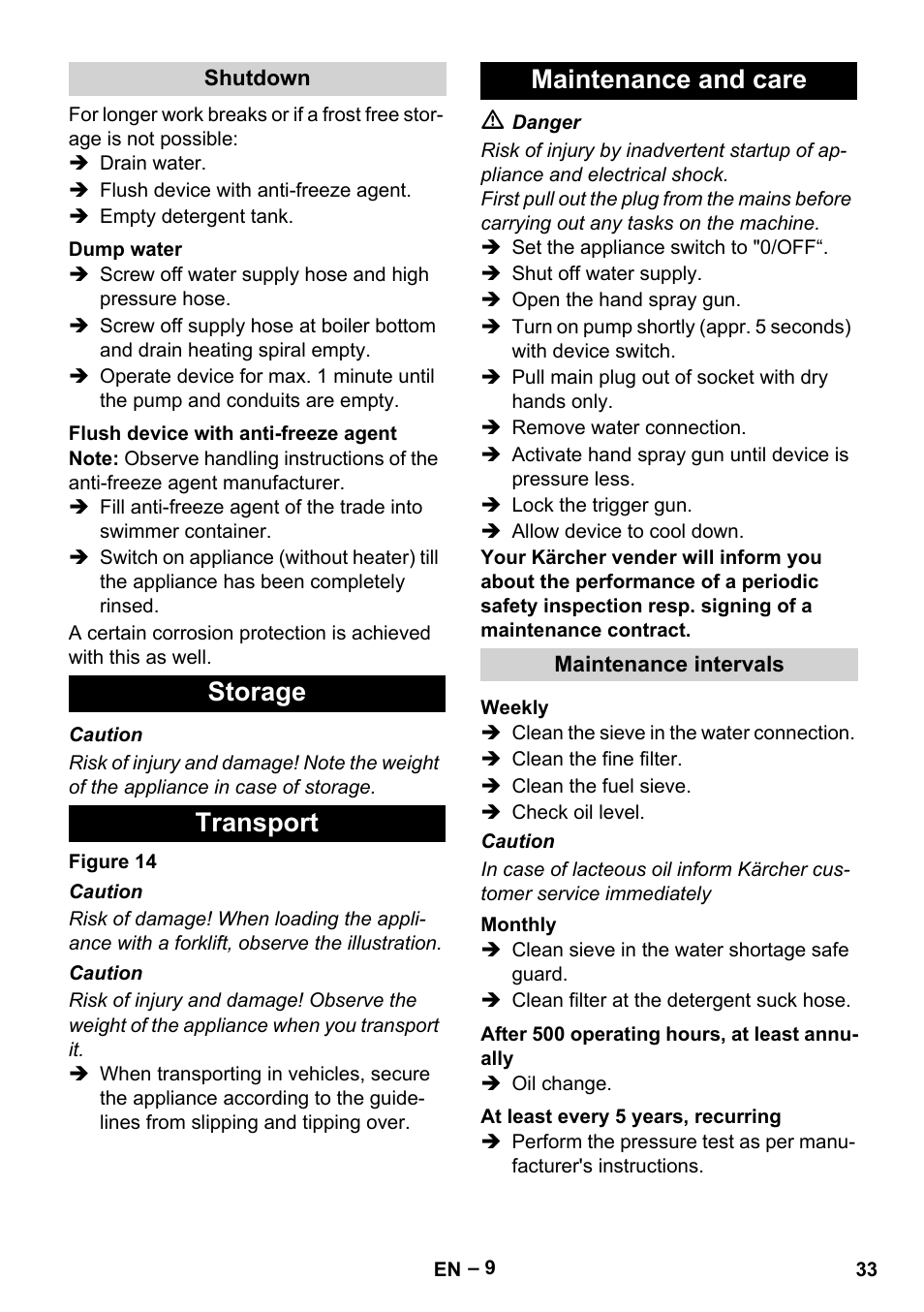 Storage transport maintenance and care | Karcher HDS 8-18-4 C User Manual | Page 33 / 496