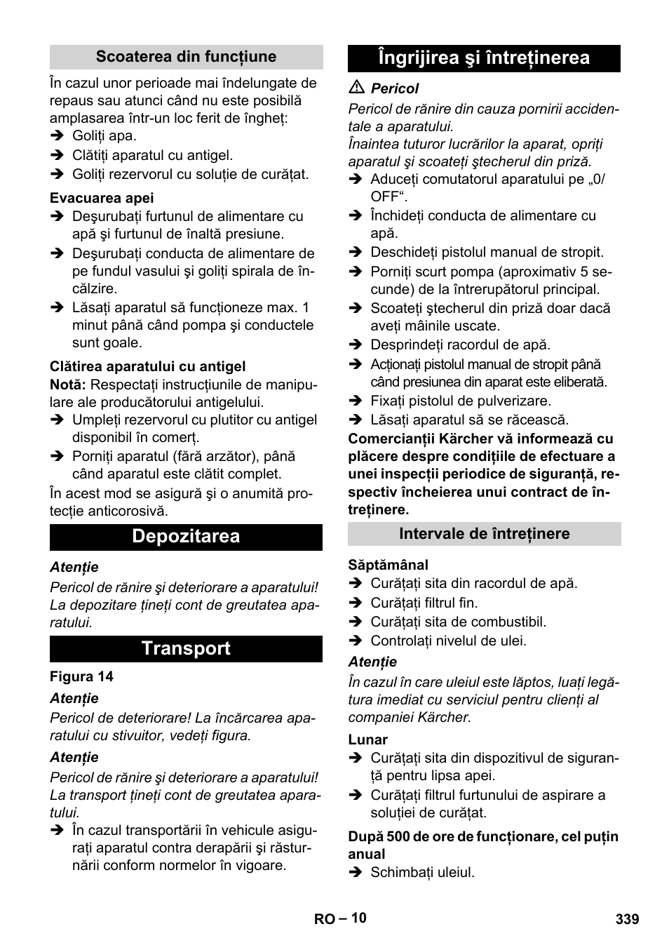 Depozitarea transport îngrijirea şi întreţinerea | Karcher HDS 8-18-4 C User Manual | Page 339 / 496