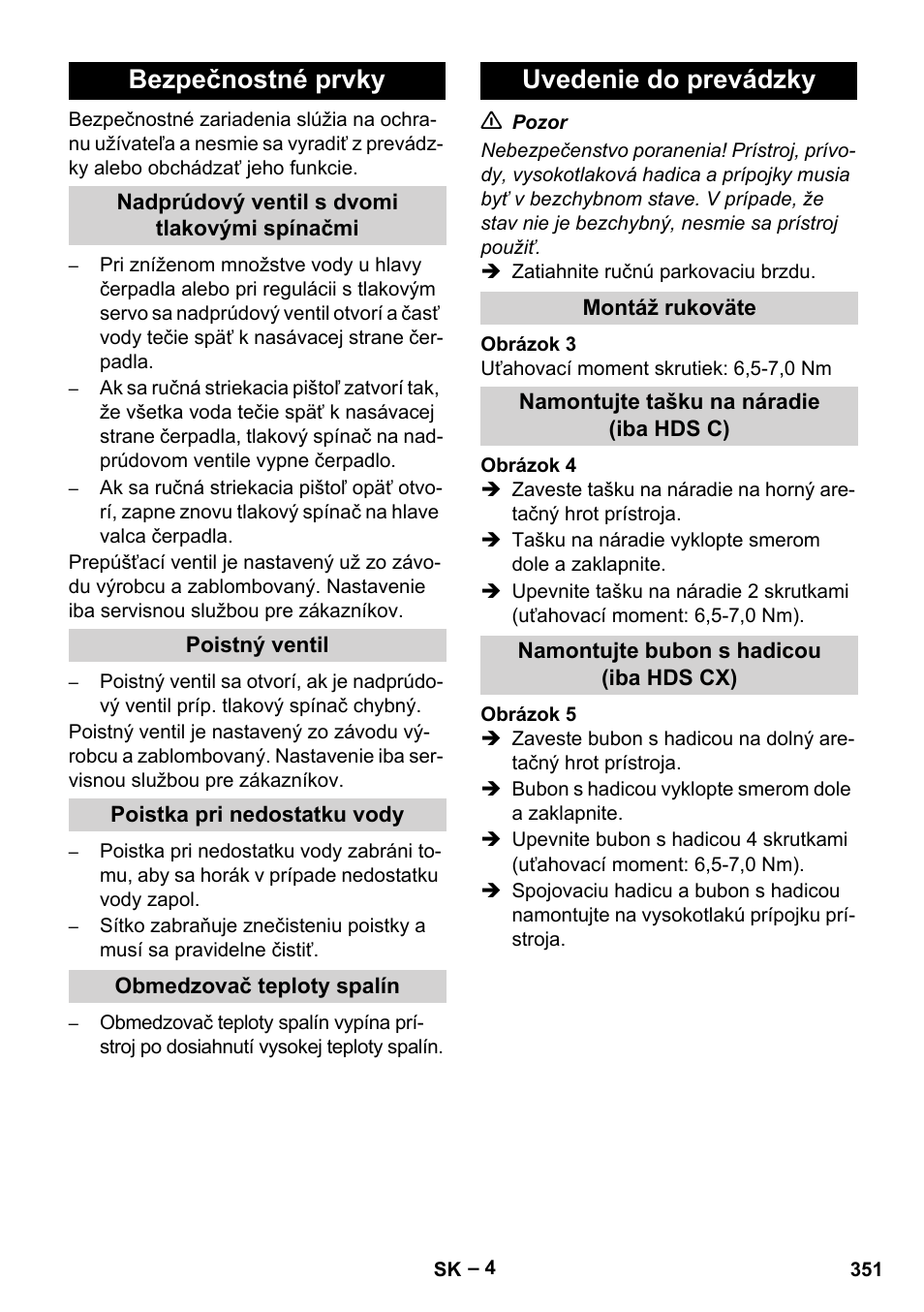 Bezpečnostné prvky, Uvedenie do prevádzky | Karcher HDS 8-18-4 C User Manual | Page 351 / 496