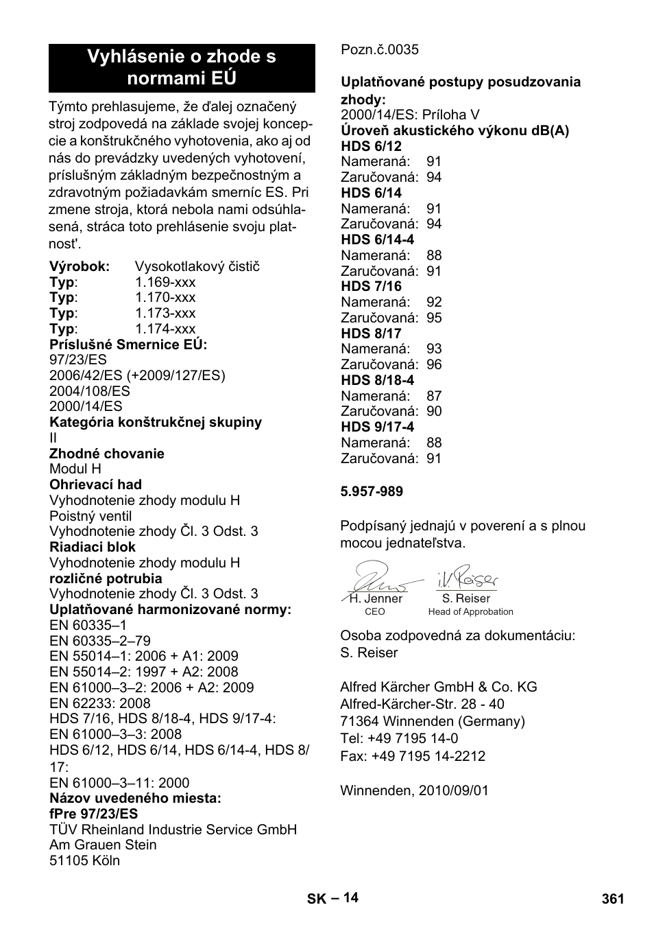 Vyhlásenie o zhode s normami eú | Karcher HDS 8-18-4 C User Manual | Page 361 / 496