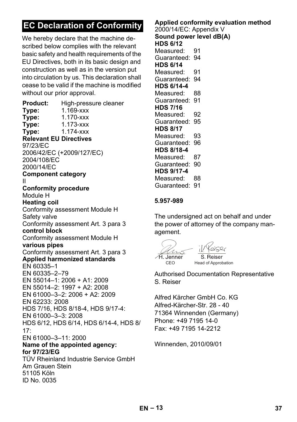 Ec declaration of conformity | Karcher HDS 8-18-4 C User Manual | Page 37 / 496