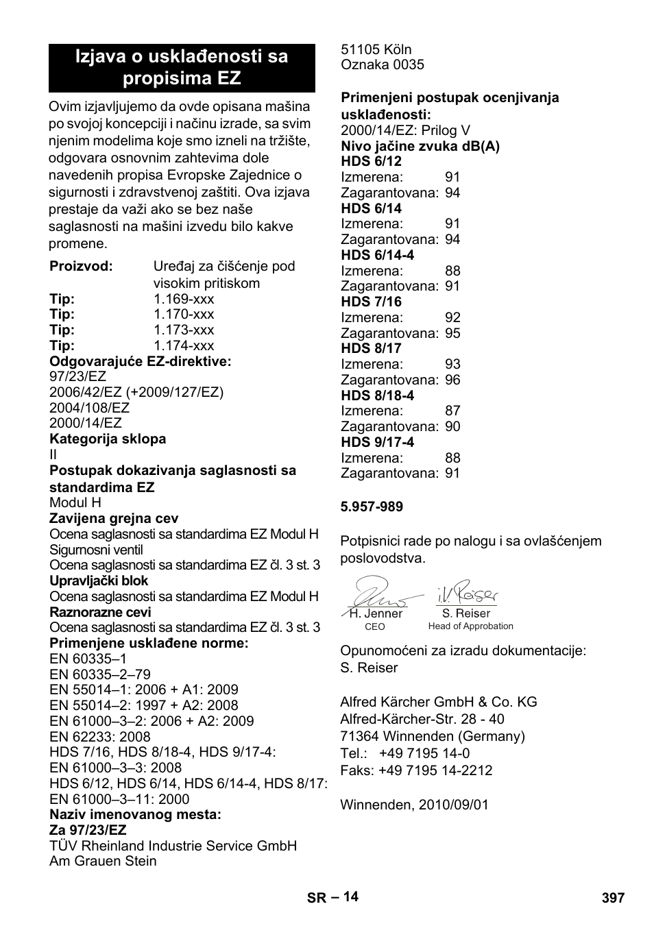 Izjava o usklađenosti sa propisima ez | Karcher HDS 8-18-4 C User Manual | Page 397 / 496