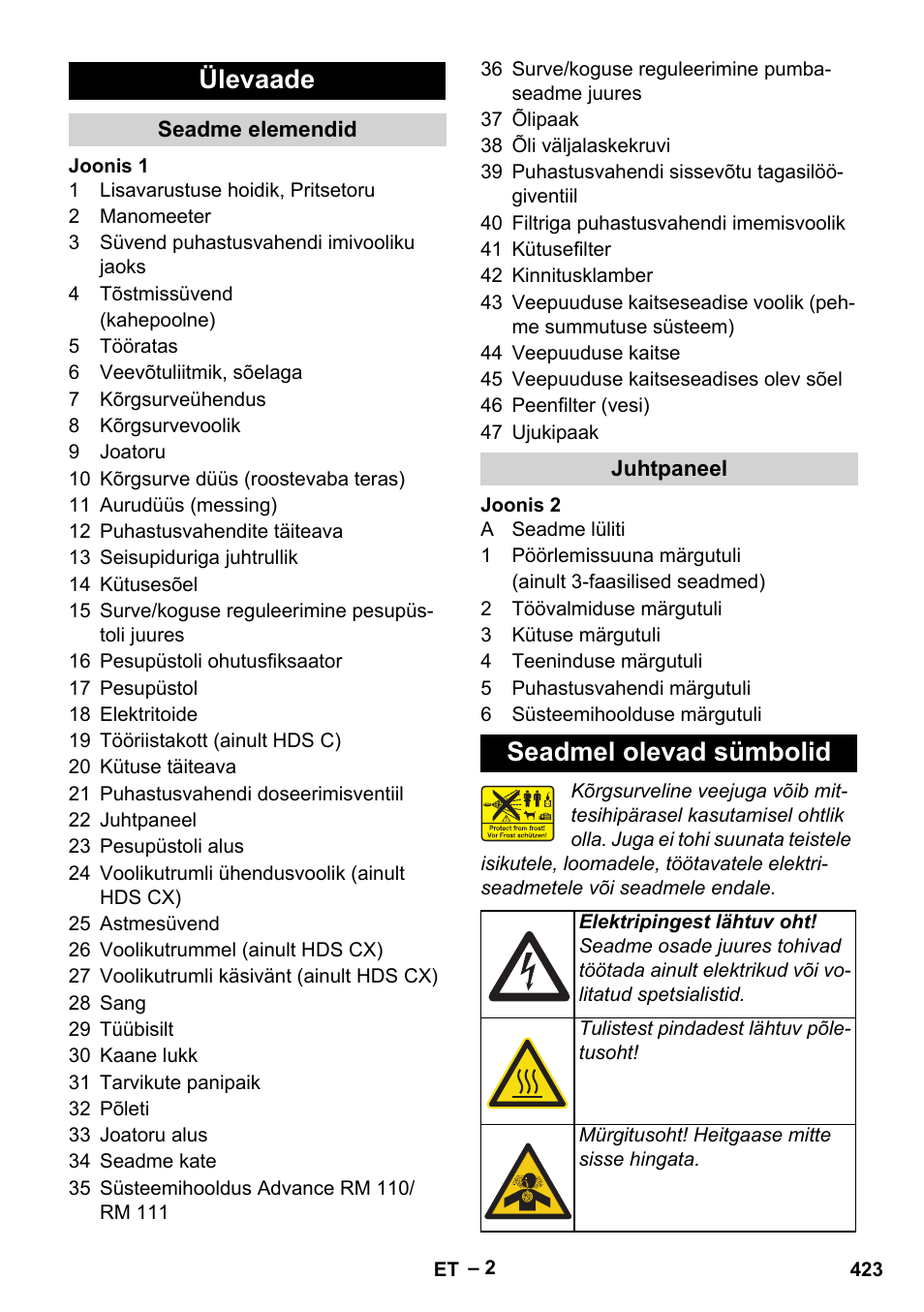 Ülevaade, Seadmel olevad sümbolid | Karcher HDS 8-18-4 C User Manual | Page 423 / 496