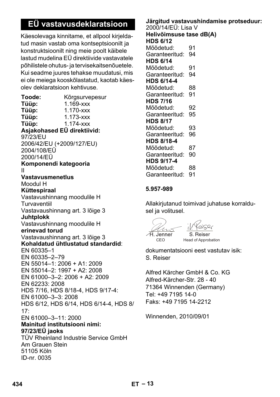 Eü vastavusdeklaratsioon | Karcher HDS 8-18-4 C User Manual | Page 434 / 496