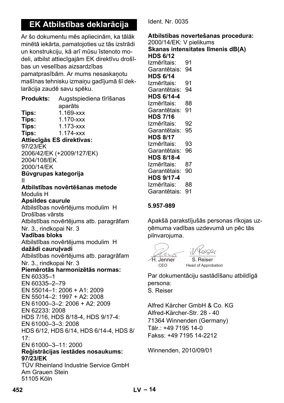 Ek atbilstības deklarācija | Karcher HDS 8-18-4 C User Manual | Page 452 / 496