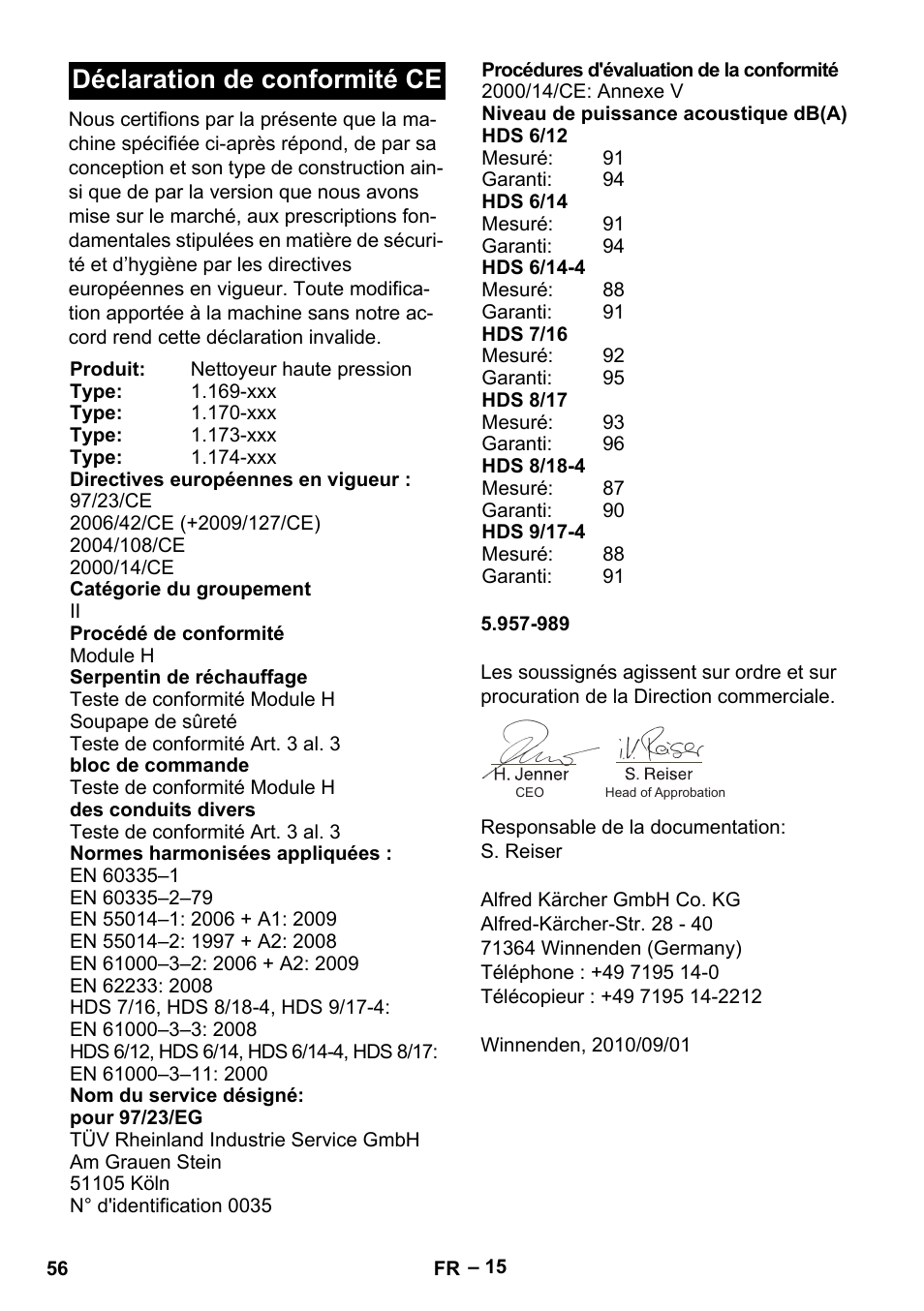 Déclaration de conformité ce | Karcher HDS 8-18-4 C User Manual | Page 56 / 496