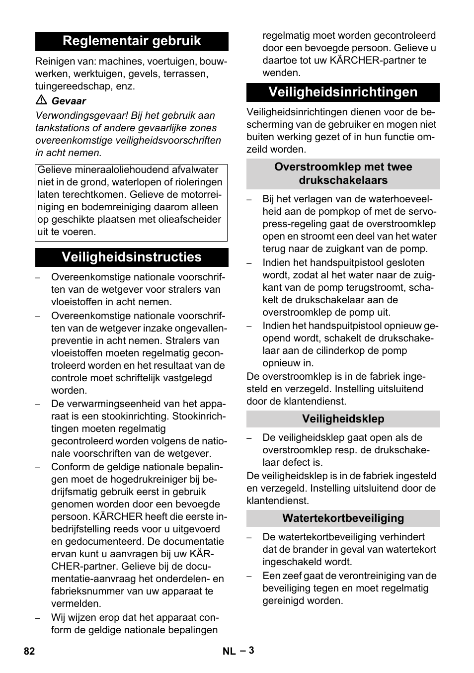 Reglementair gebruik, Veiligheidsinstructies veiligheidsinrichtingen | Karcher HDS 8-18-4 C User Manual | Page 82 / 496