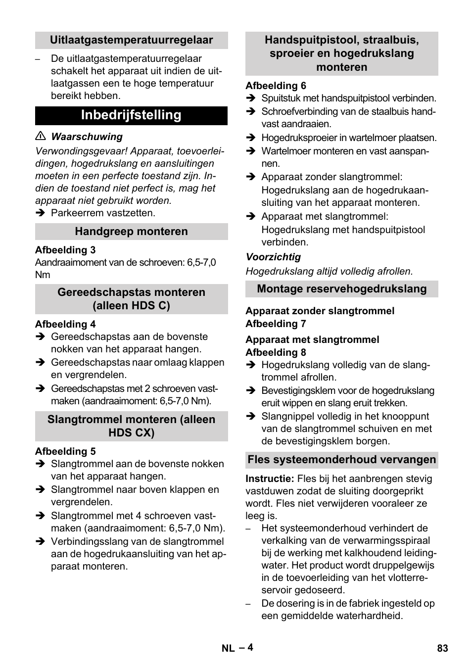 Inbedrijfstelling | Karcher HDS 8-18-4 C User Manual | Page 83 / 496