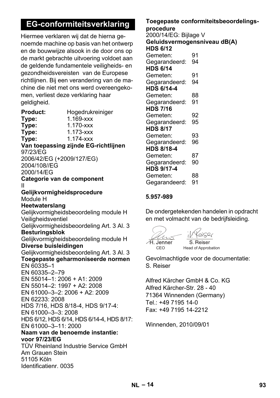 Eg-conformiteitsverklaring | Karcher HDS 8-18-4 C User Manual | Page 93 / 496