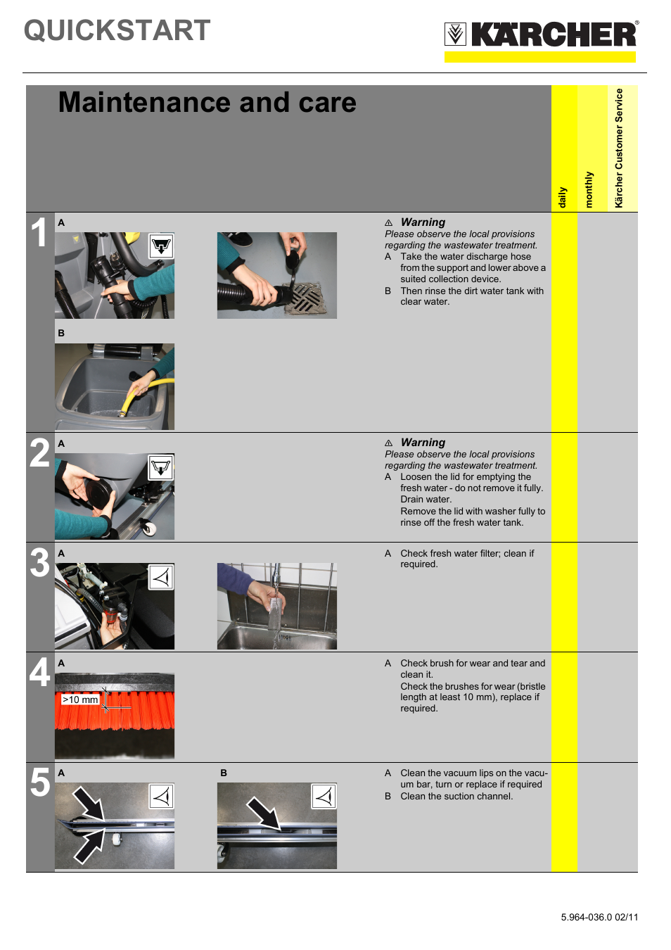 Tabelle, Tabellenkopfzeile, Tabellenreihe | Maintenance and care, Daily, Monthly, Kärcher customer service, Tabellenhaupttext, Grafik, N warning | Karcher B 60 W Bp Pack Dose User Manual | Page 4 / 6
