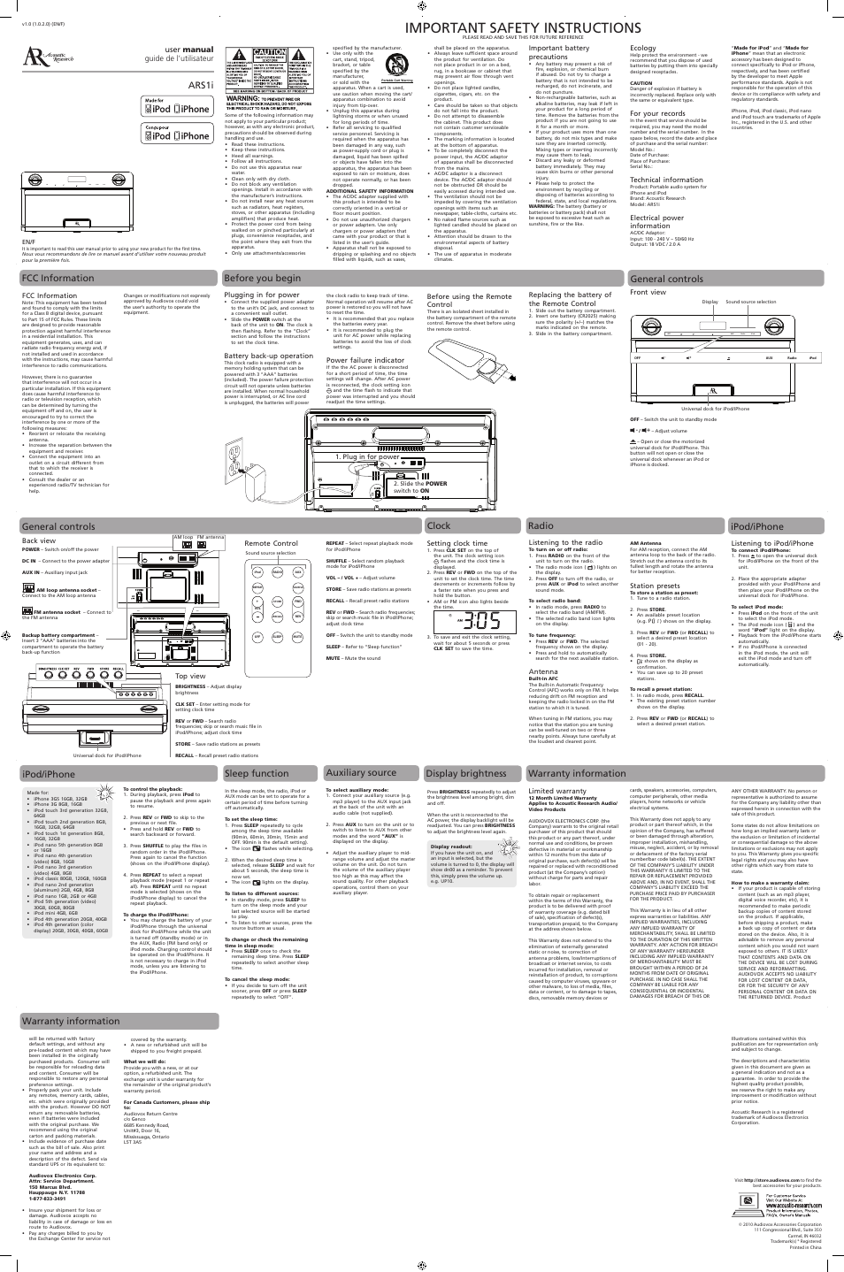 Audiovox ARS1i User Manual | 1 page
