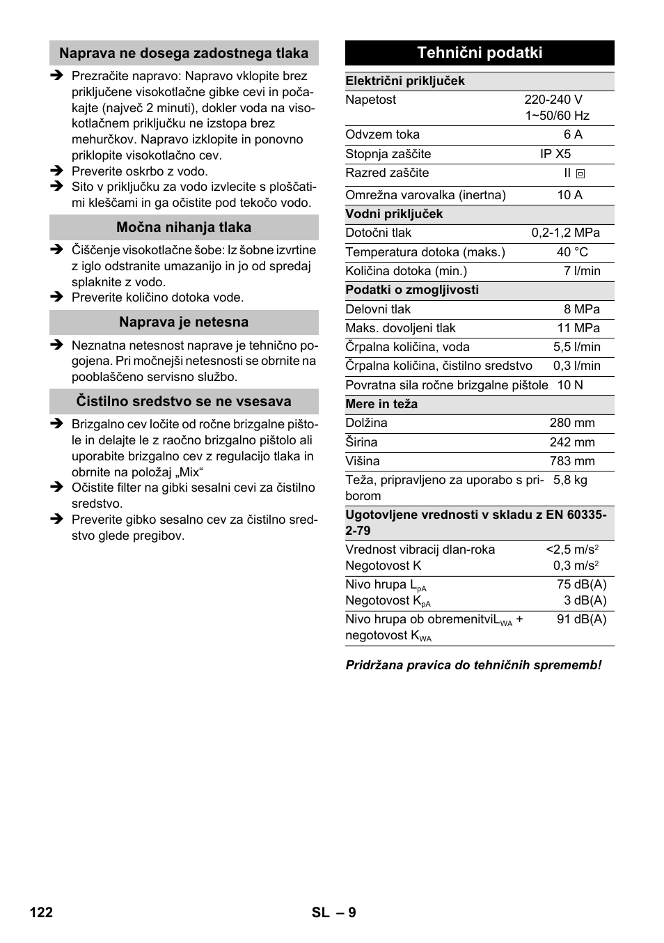 Tehnični podatki | Karcher K 2 Premium User Manual | Page 122 / 196