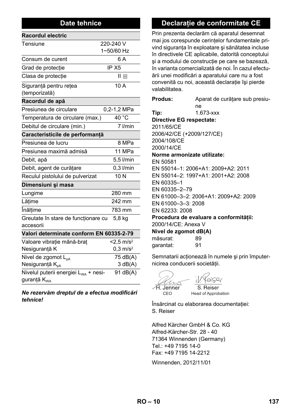 Date tehnice, Declaraţie de conformitate ce | Karcher K 2 Premium User Manual | Page 137 / 196