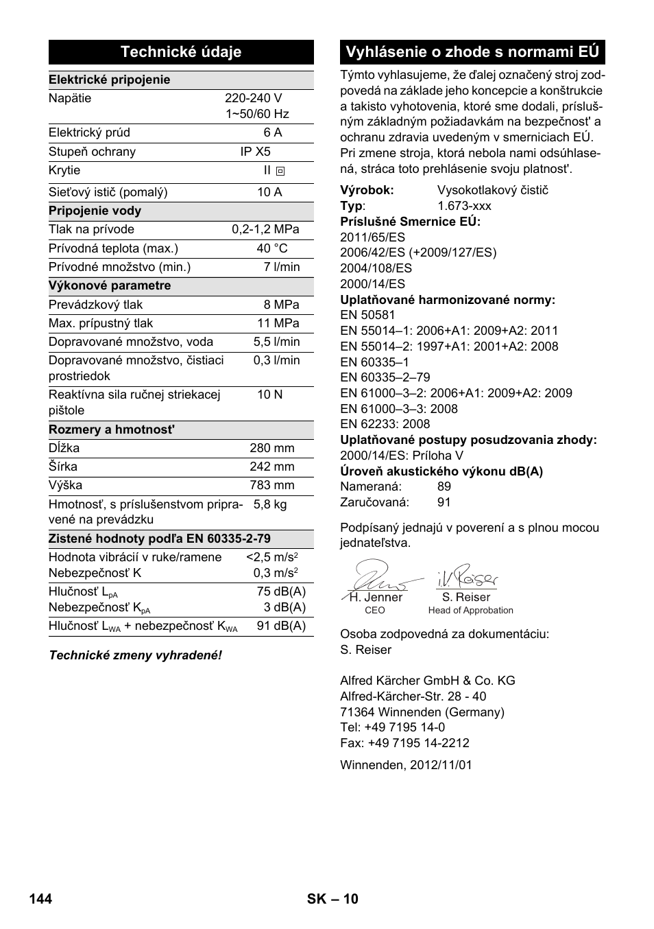 Technické údaje, Vyhlásenie o zhode s normami eú | Karcher K 2 Premium User Manual | Page 144 / 196