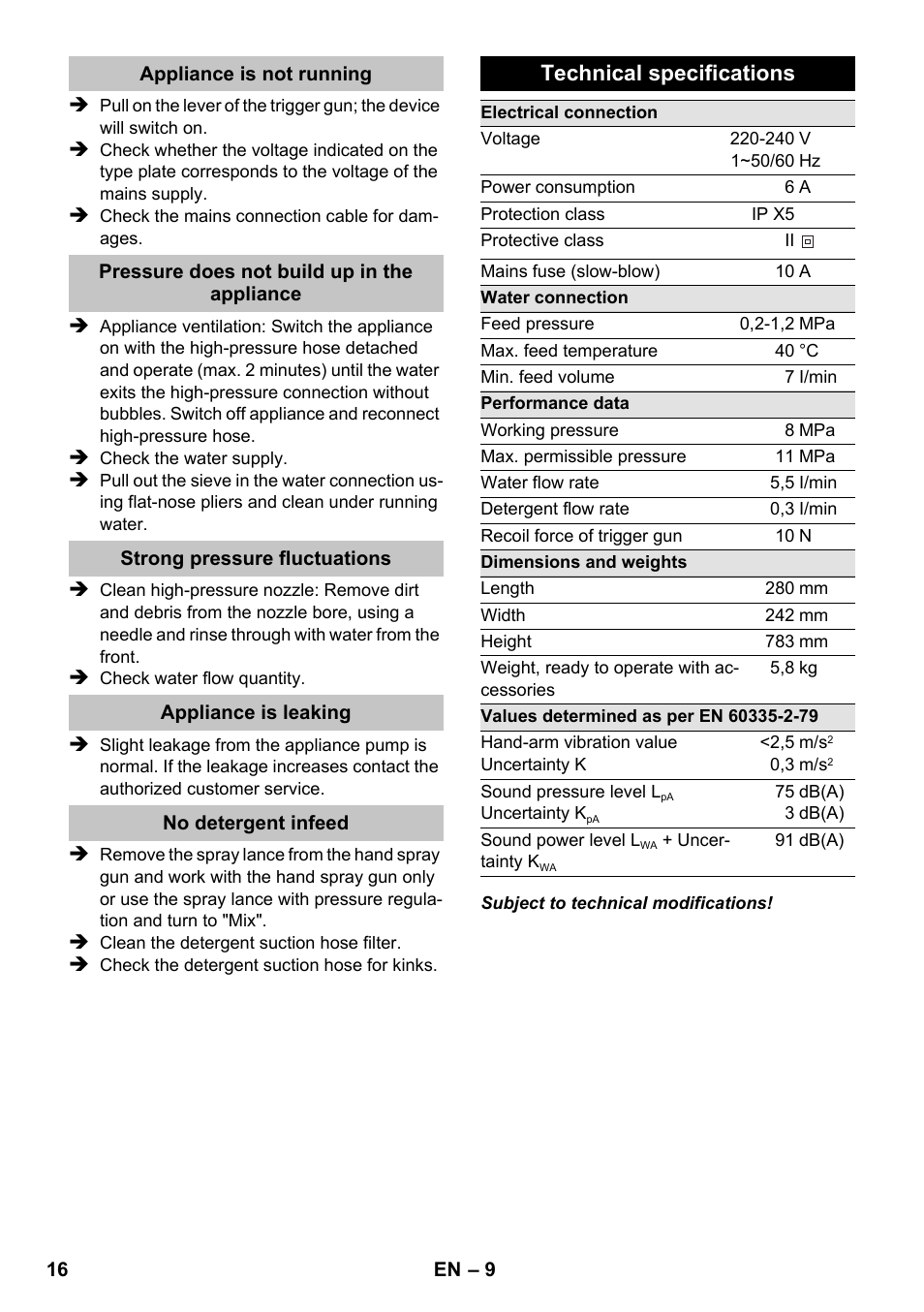 Technical specifications | Karcher K 2 Premium User Manual | Page 16 / 196