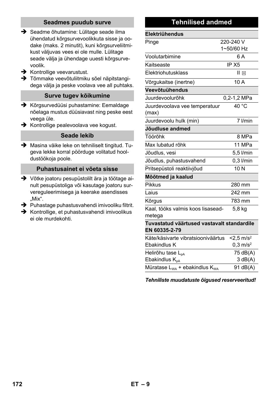 Tehnilised andmed | Karcher K 2 Premium User Manual | Page 172 / 196