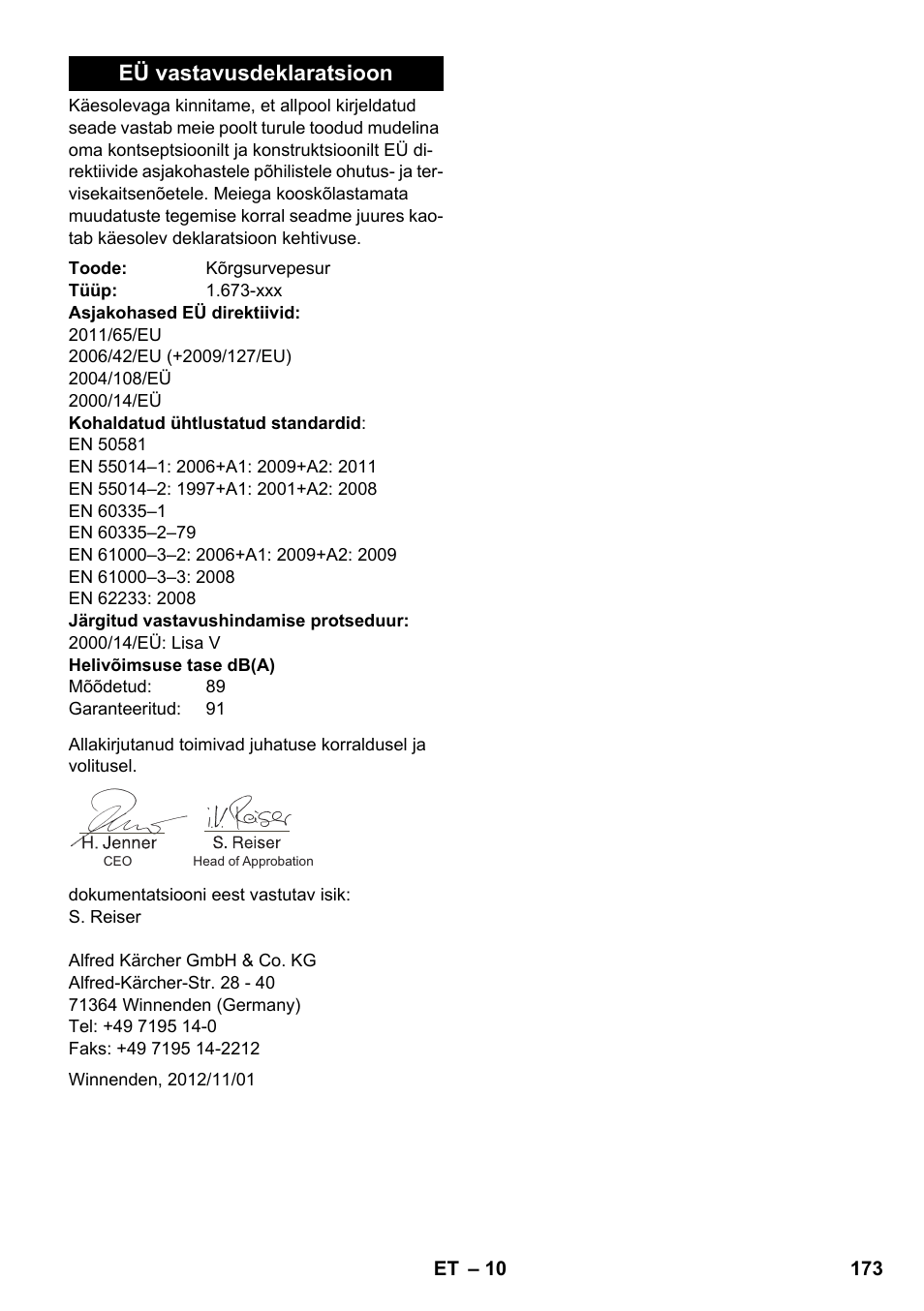 Eü vastavusdeklaratsioon | Karcher K 2 Premium User Manual | Page 173 / 196